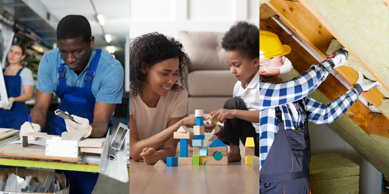 collage of workers and families